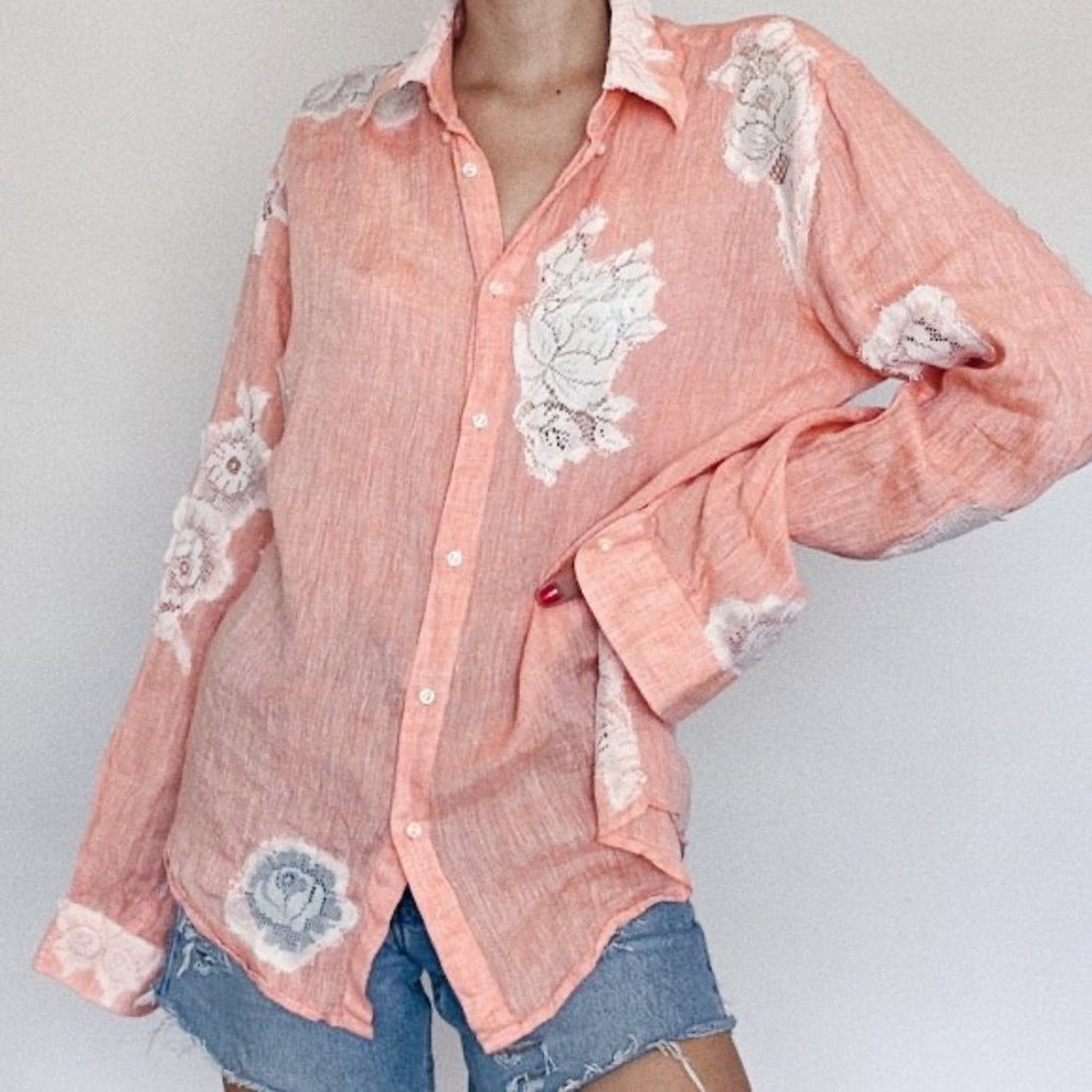 Vintage Orange Linen Floral Lace Button Down Blouse - Picture 5 of 11